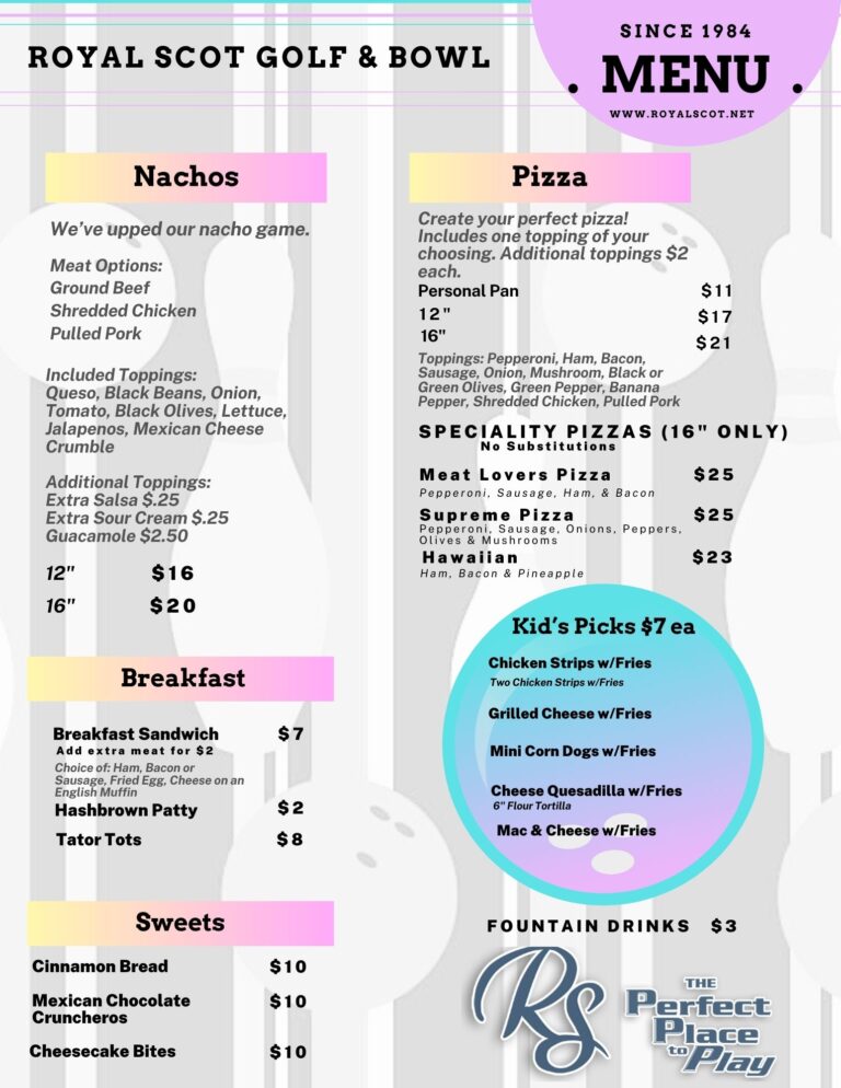 Menu page two featuring an enticing selection of desserts and specialty beverages with playful, vibrant graphics that capture the fun, family-friendly spirit of our golf course and bowling alley.